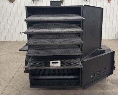 SNS Beast Cabinet wood smoker with full length storage and multiple slide-out cooking racks