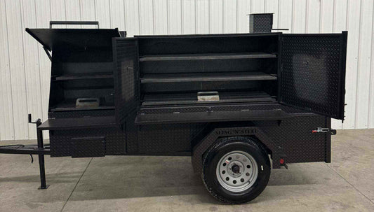 SNS Cabinet 60 Catering Trailer BBQ pit with open cooking racks and charcoal grill in black diamond tread steel