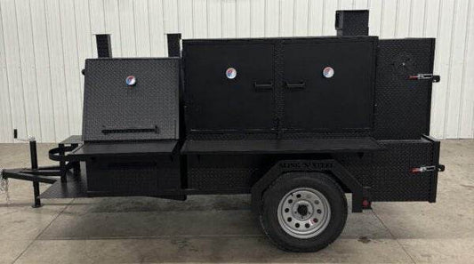 Black SNS Cabinet 60 Catering Trailer BBQ pit with sink package and standard grill on single axle trailer