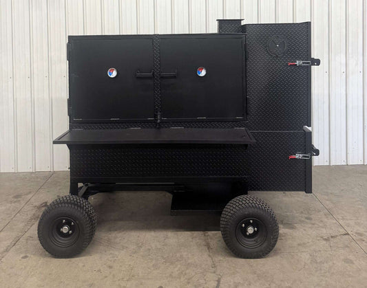 SNS Cabinet 60 Competition Smoker with insulated firebox, multiple cooking racks, and large capacity for Boston butts, whole chickens, spare ribs, and briskets.