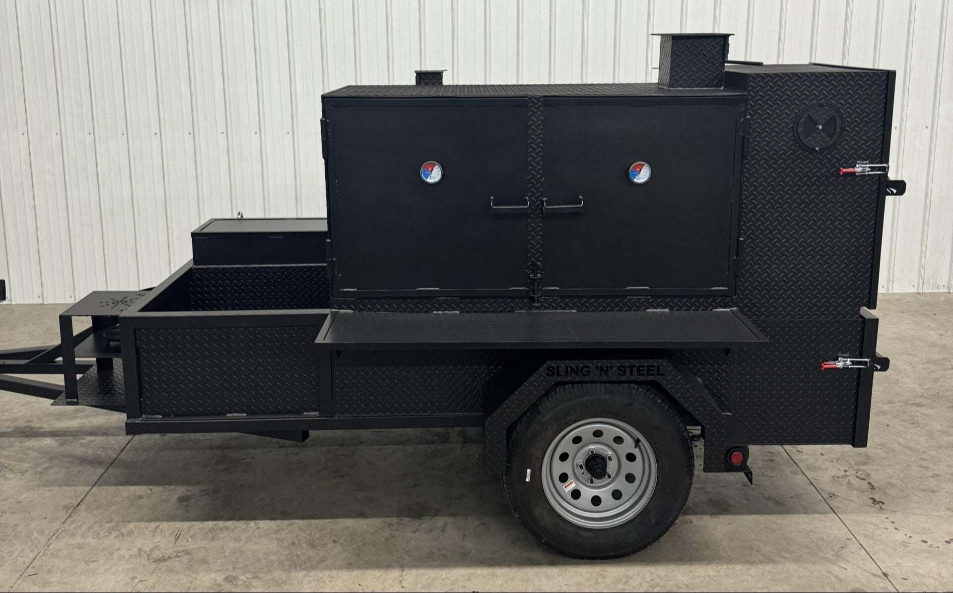 SNS Cabinet 60 Grill Smoker Combo with XL charcoal grill and three-bay sink package on trailer