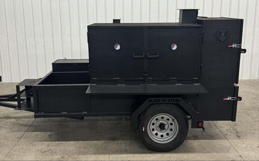 SNS Cabinet 60 Grill Smoker Combo with XL charcoal grill and three-bay sink package on trailer