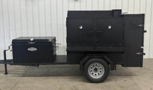 Wood fired smoker SNS Competition 60 Cabinet Smoker BBQ trailer with 42 rotating rack and insulated firebox for commercial catering.