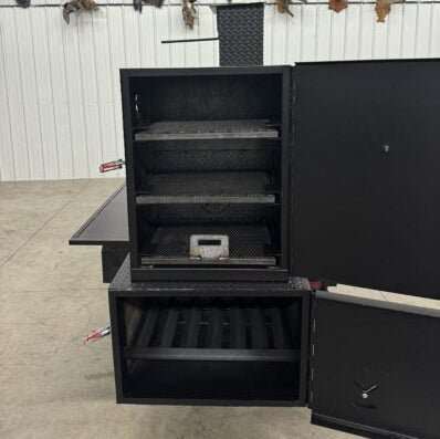 Custom Pits SNS Competition 60 Smoker with rotating racks and charcoal firebox for commercial BBQ catering