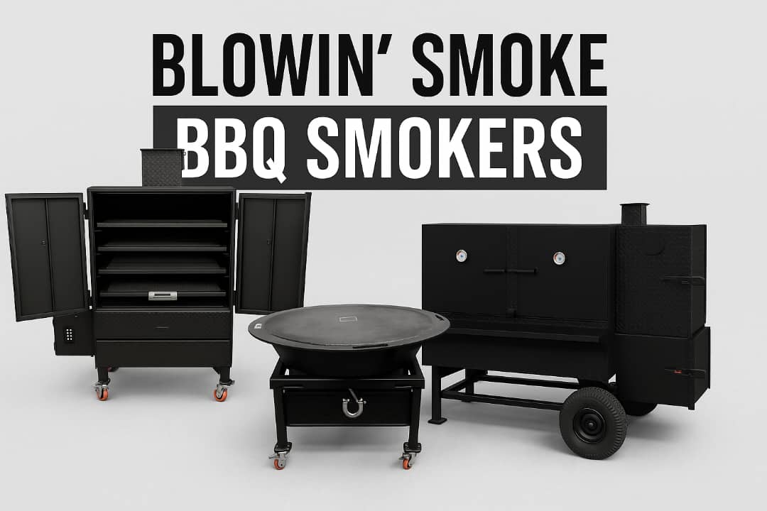 Black BBQ smokers with 'Blowin' Smoke BBQ Smokers' text on a white background
