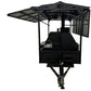 A black outdoor patio catering trailer with a roof, side awning, and front hitch. 